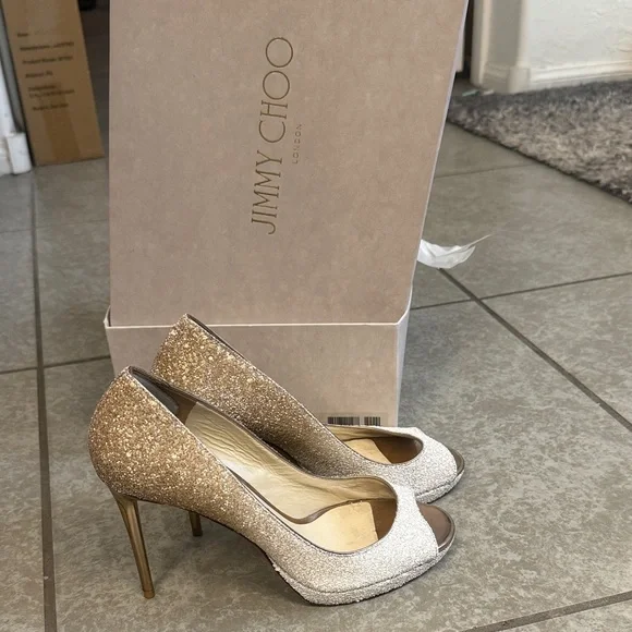 Jimmy Choo Gold/light honey and optic white Peep-Toe Heels ( Luna 100)